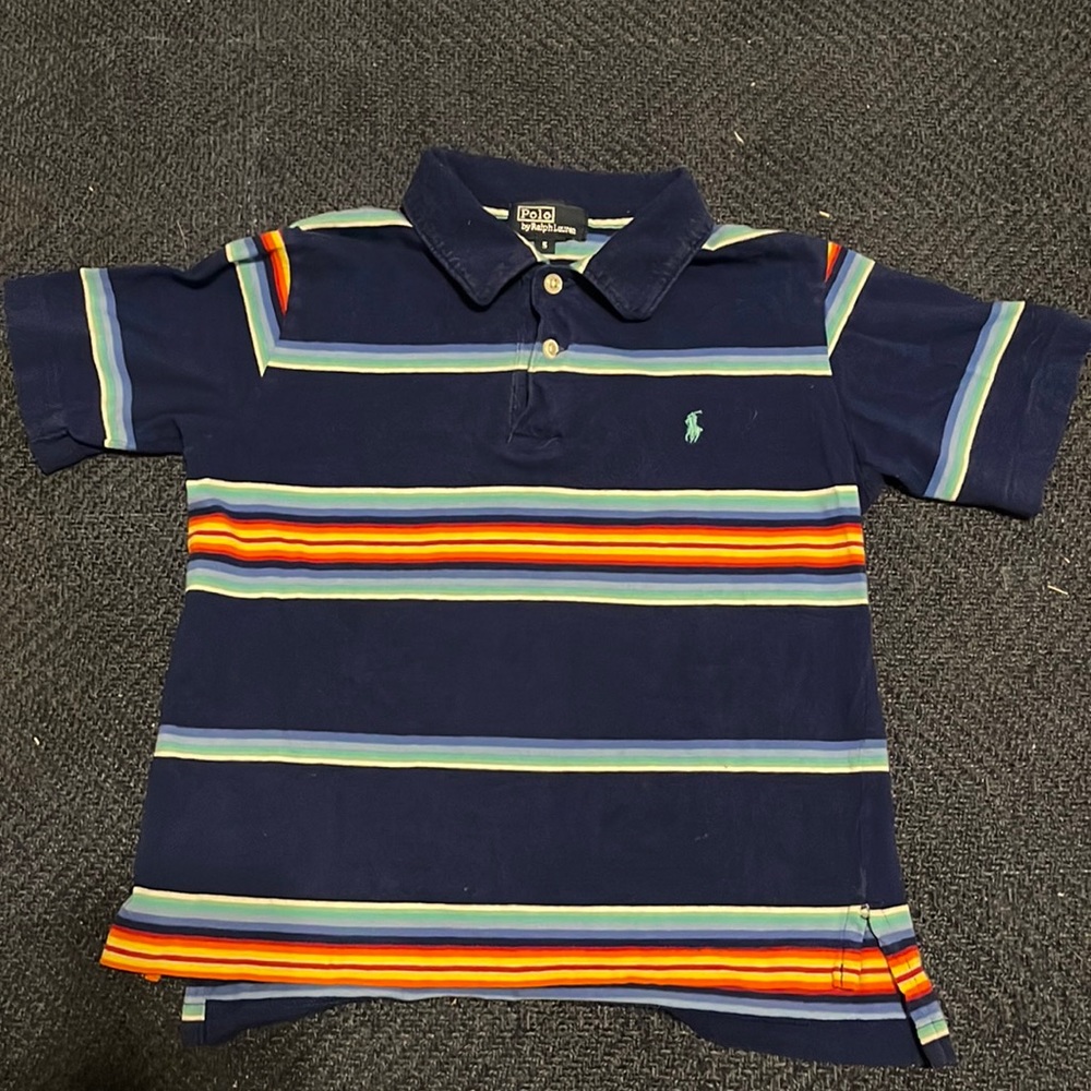 Boys Ralph Lauren Polo with navy blue base and colorful stripes